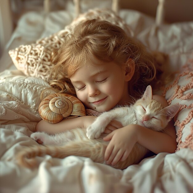 a girl is holding a cat and a pillow with the word  on it