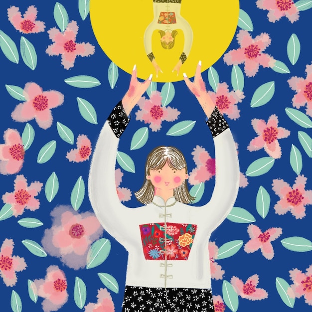 Foto una ragazza tiene in mano una luna con il suo riflesso su fiori rosa e sfondo blu