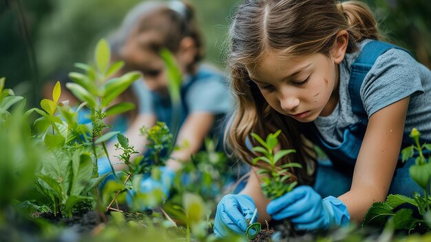 a girl is holding a plant in her hands and looking at the camera