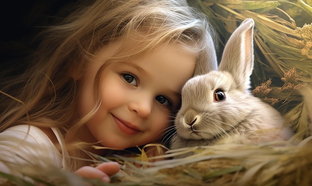 a girl is holding a rabbit and a rabbit is next to her