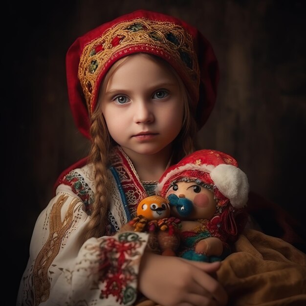 A girl is holding a stuffed animal and wearing a hat.