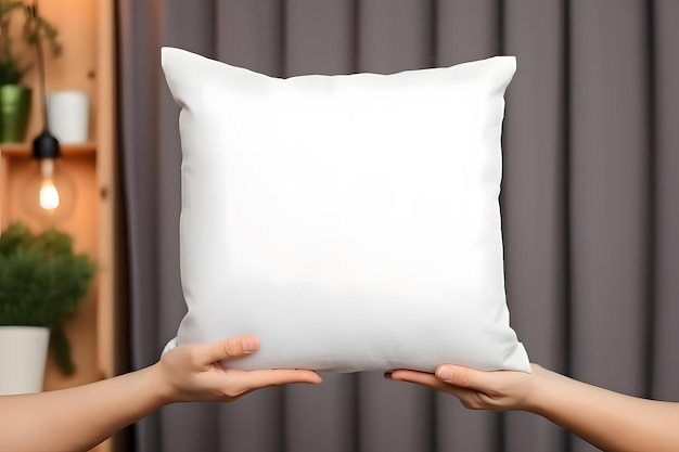 Girl is holding white Pillow in hands Pillow mockup template
