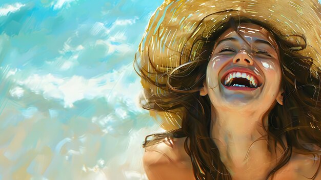 a girl is joyfully laughing on the beach in a straw hat