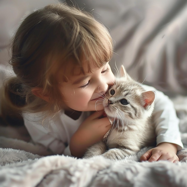 a girl is kissing a cat on a blanket with a cat
