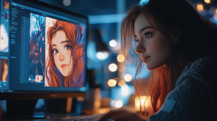 Photo a girl is looking at a computer screen with the words  the girl on it