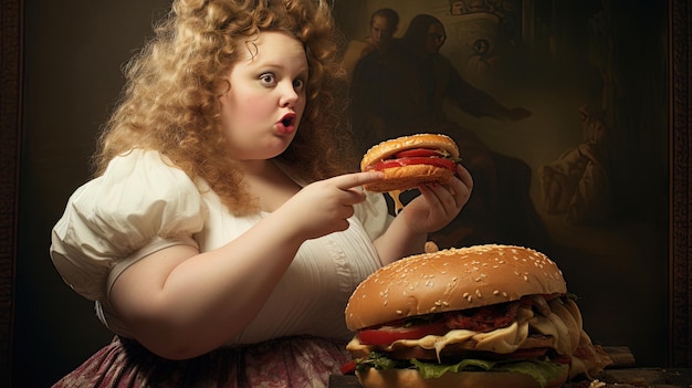 Photo a girl is looking at a large sandwich with a knife in her hand