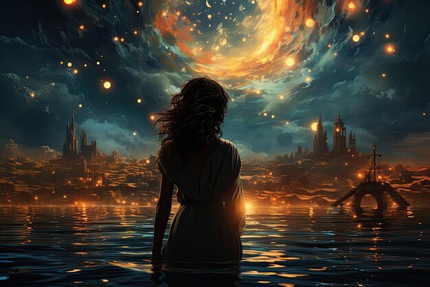 Girl is looking at the moon and star by water in the style of psychedelic dreamscapes