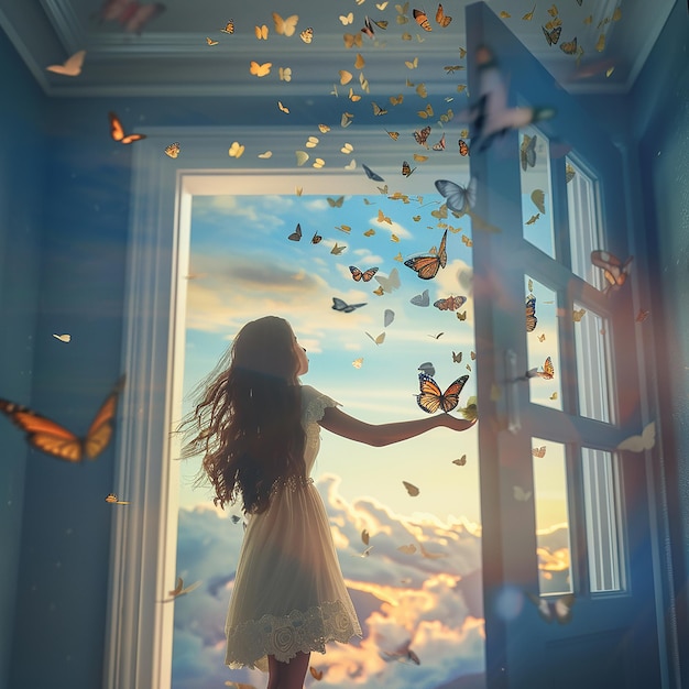 Photo a girl is looking out of a window with butterflies flying around her