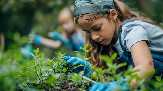 a girl is looking at plants in a garden