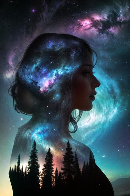 a girl is looking at the stars and the silhouette of a girl