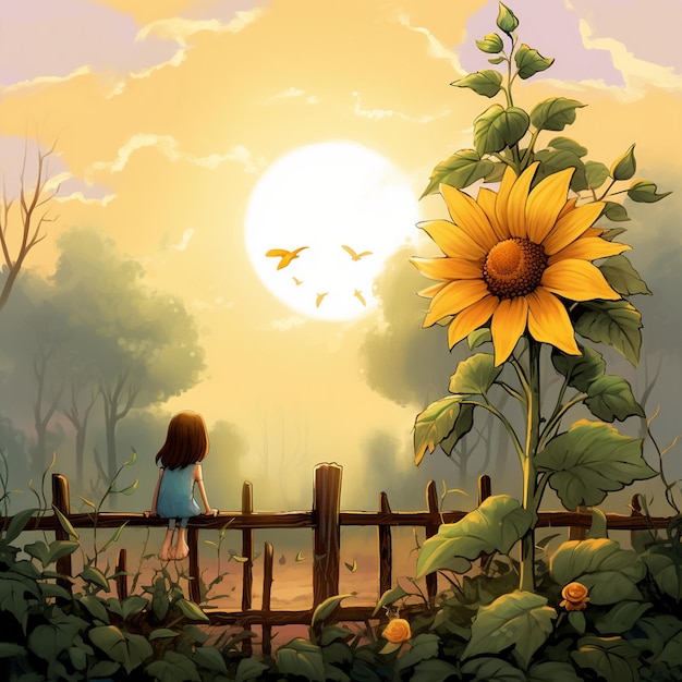 a girl is looking at a sunflower that is in a field.