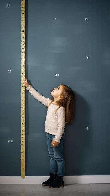 Photo a girl is looking at a wall with a ruler that says  the word  on it