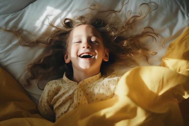 A girl is lying on a bed with a yellow blanket that says'i'm a child '