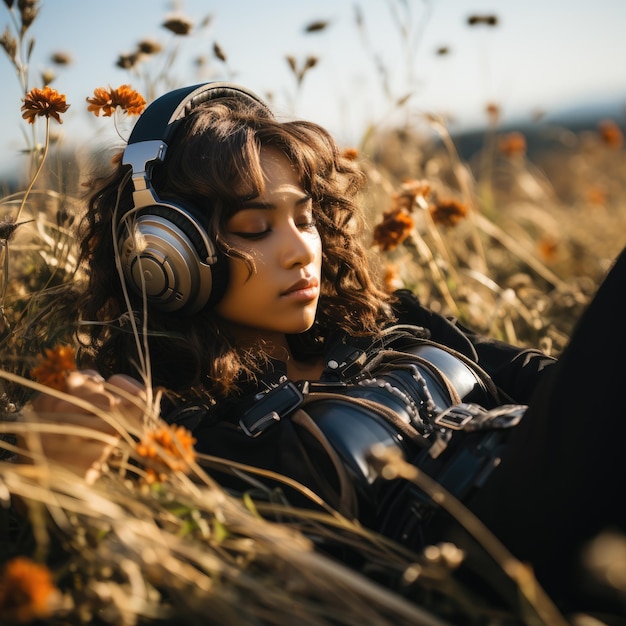 a girl is lying down with headphones in a field ai generated