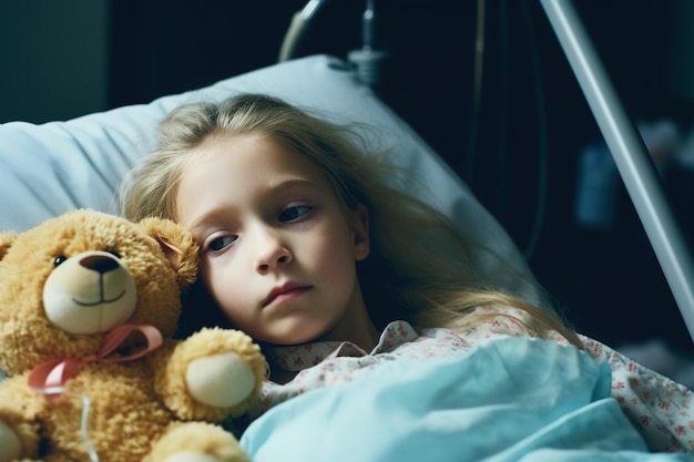 A girl is lying in a hospital bed with her teddy bear.