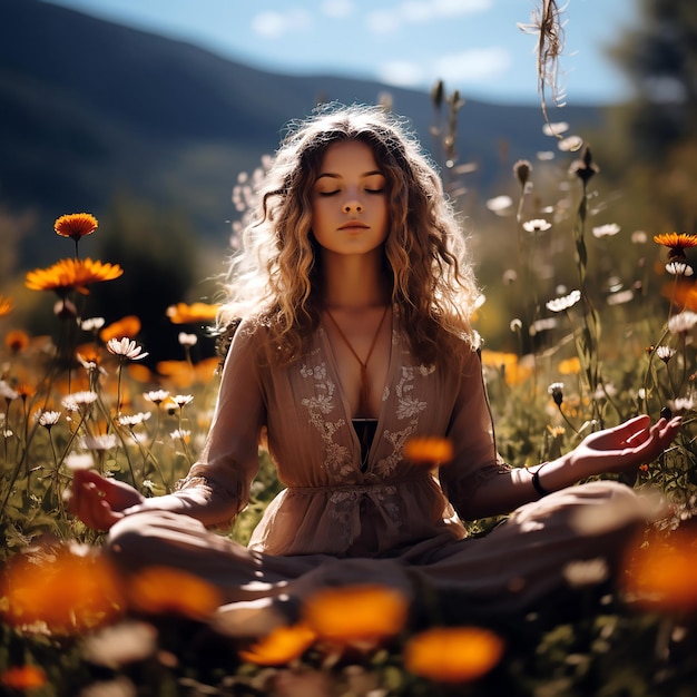 Девушка медитирует в поле цветов