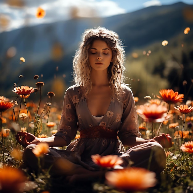 Foto una ragazza sta meditando in un campo di fiori