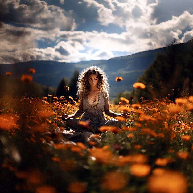 Foto una ragazza sta meditando in un campo di fiori