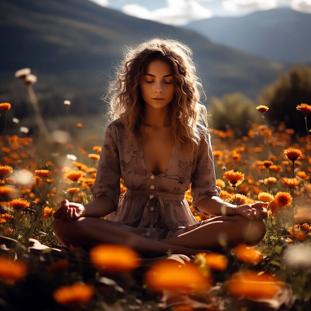 A girl is meditating in a field of flowers