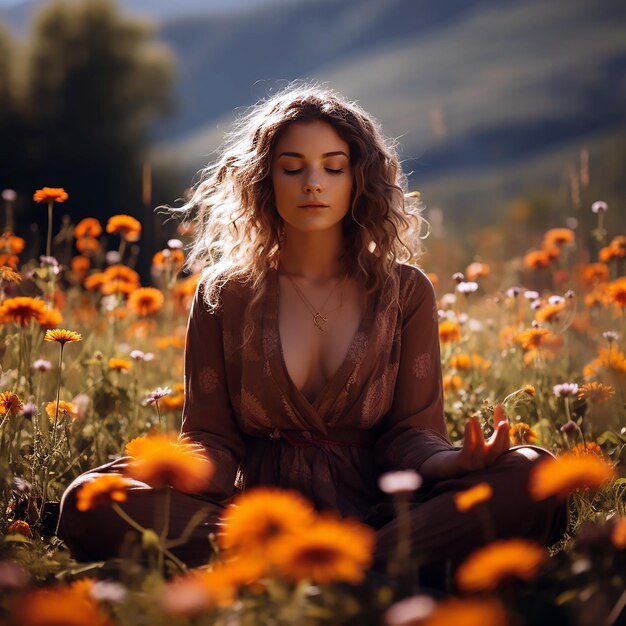 A girl is meditating in a field of flowers