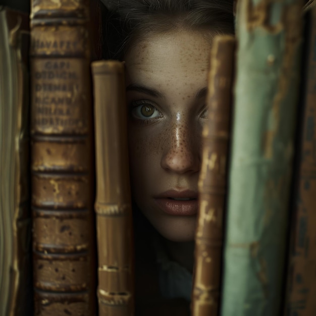 Foto una ragazza sta sbirciando attraverso uno scaffale di libri con la parola citazione su di esso citazione