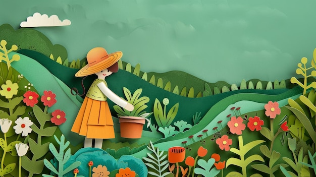 A girl is planting flowers in a garden