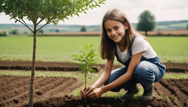 女の子が庭に木を植えています地球の日の意識