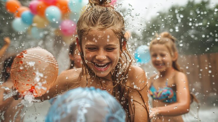 A girl is playing with balloons in the water