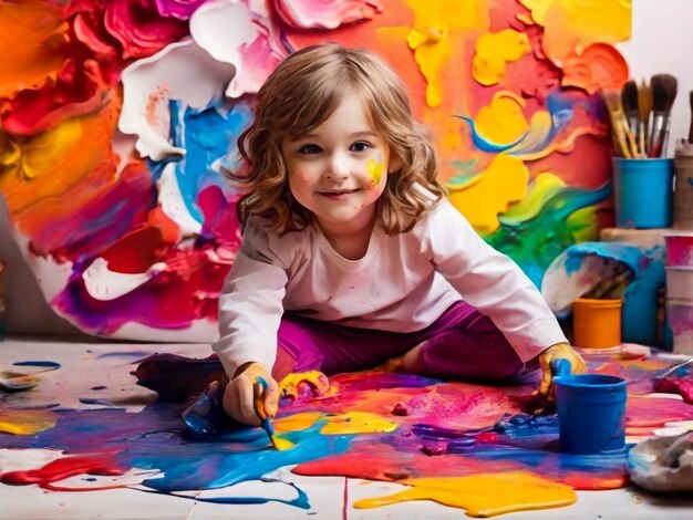 한 소녀가 다채로운 배경에 다채로운 그림을 그리며 놀고 있다.