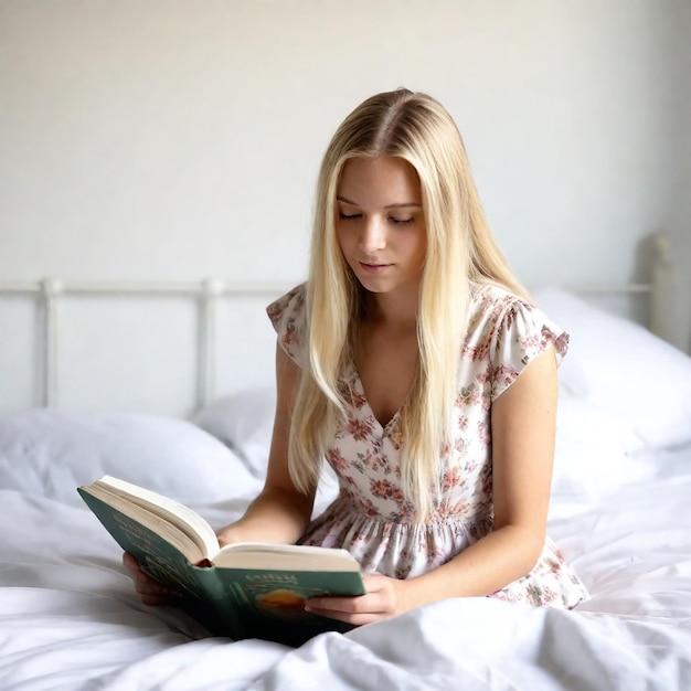 Photo a girl is reading a book on a bed