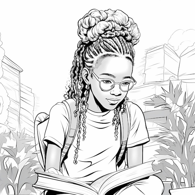 A girl is reading a book in a black and white drawing.