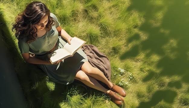 A girl is reading a book in a field of grass