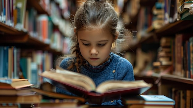 девушка читает книгу в библиотеке с книгой на заднем плане