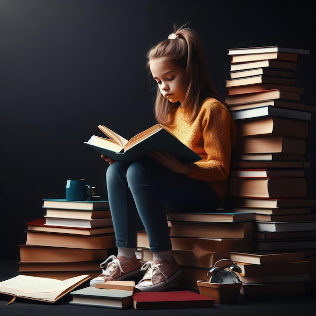 A girl is reading a book sitting on a stack of books