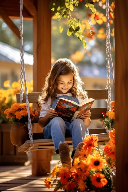 A girl is reading a book on a swing near the house