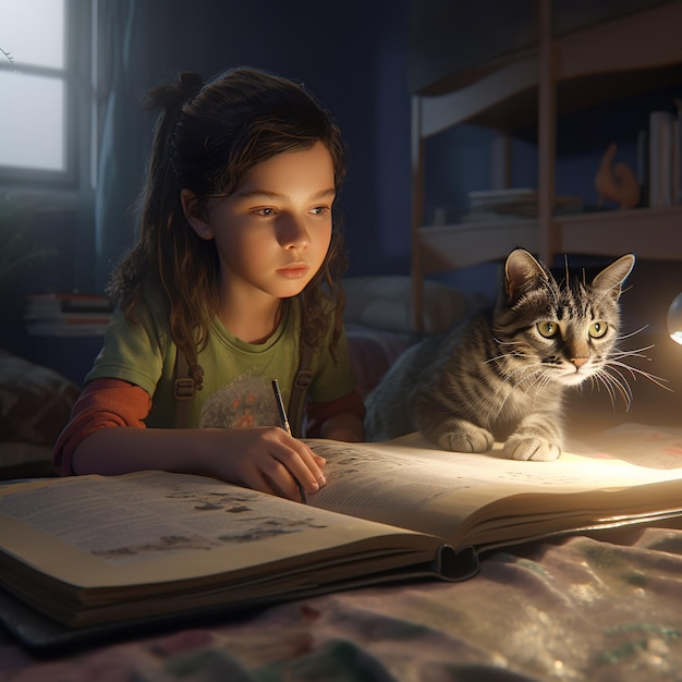 한 소녀가 표지에 고양이가 있는 책을 읽고 있습니다.
