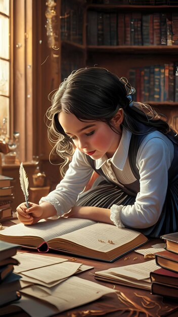 Photo a girl is reading a book with a pencil in her hand