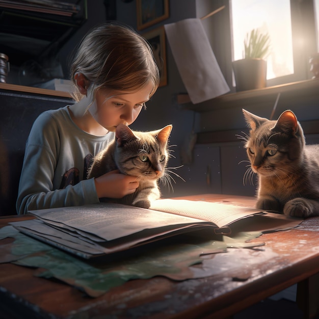 한 소녀가 고양이 두 마리와 함께 책을 읽고 있습니다.