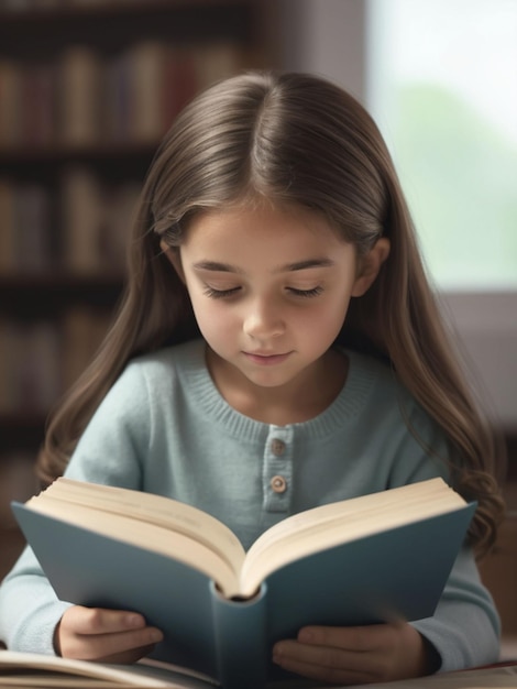 한 소녀가 에 단어가 있는 책을 읽고 있다.