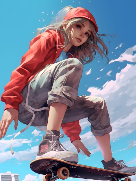 Premium AI Image  cute anime girl skateboarding at street