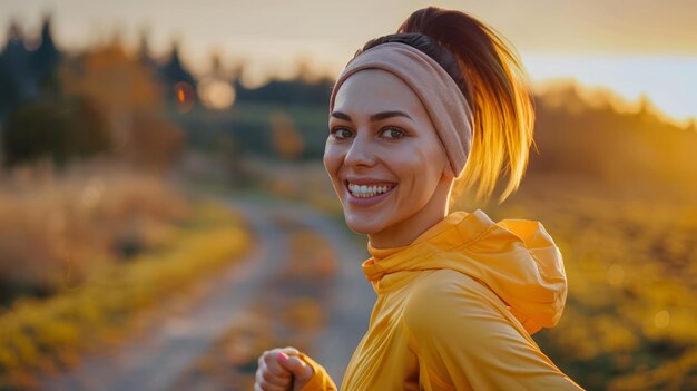 Foto la ragazza sta correndo all'aperto una donna sorridente sta facendo esercizi sportivi in natura