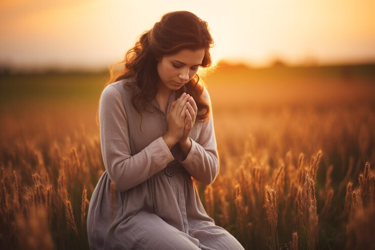 a girl is seen with closed eyes praying in a field during a breathtaking sunset