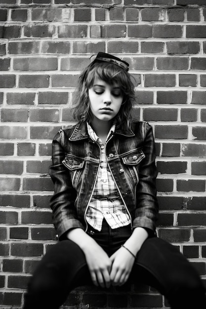 a girl is sitting against a brick wall and has her hands on her knees.