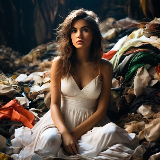 Photo a girl is sitting among a mountain of clothes recycling clothes protecting the environment
