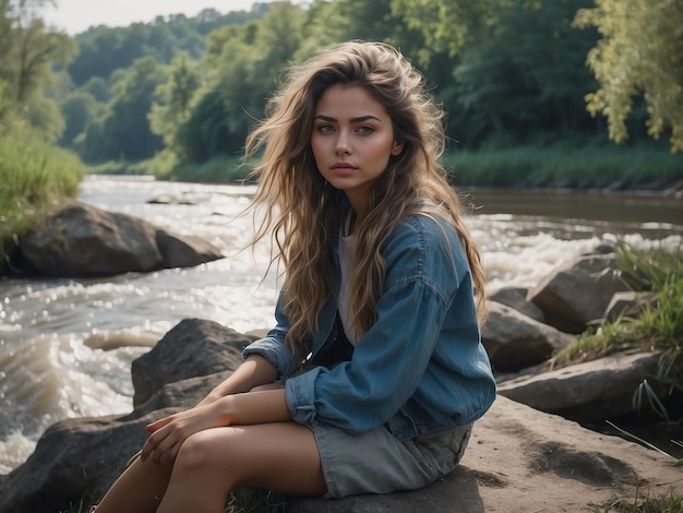 A girl is sitting on the bank of a river