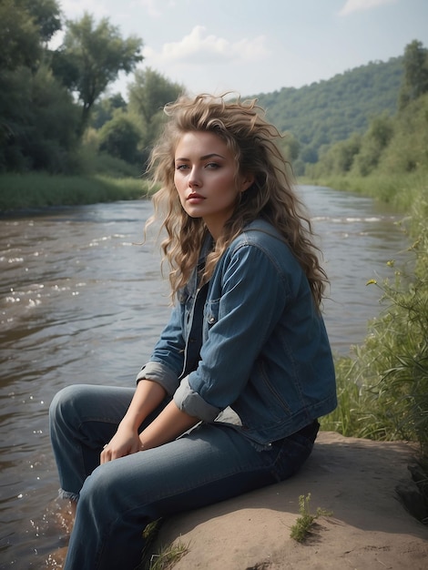 A girl is sitting on the bank of a river