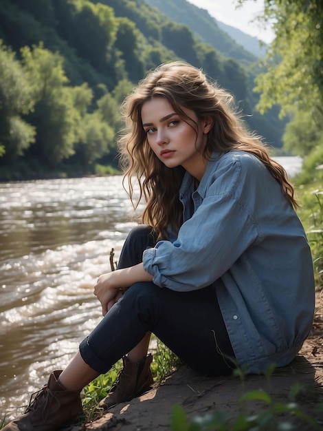 Девушка сидит на берегу реки.