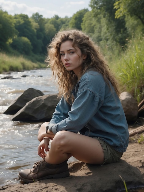 A girl is sitting on the bank of a river