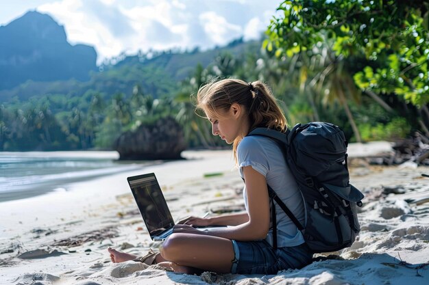 Photo a girl is sitting on the beach with a backpack and a laptop