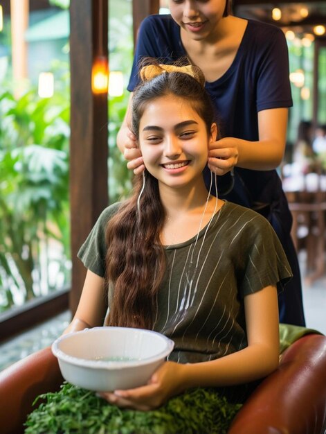 a girl is sitting next to a bowl with a girl on it